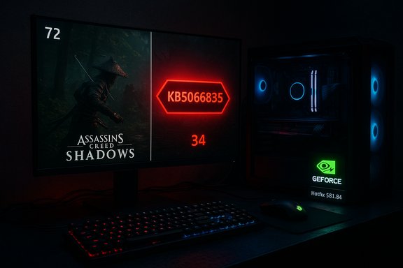 Dark gaming setup: Assassin's Creed: Shadows on the monitor, red neon code KB5066835, and a blue-lit PC.