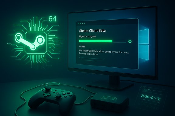 Neon Steam logo with a glowing monitor showing Steam Client Beta migration progress in a futuristic gaming setup.
