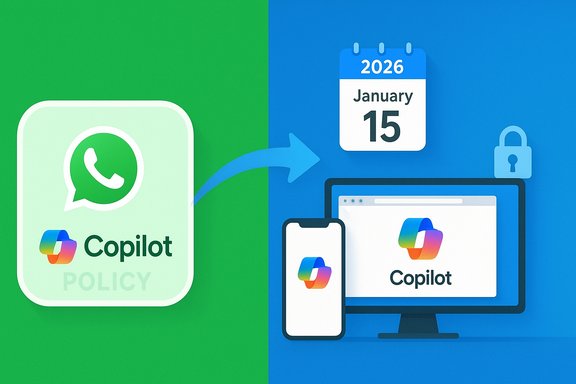 Split green and blue illustration of Copilot policy with devices and a 2026 calendar.