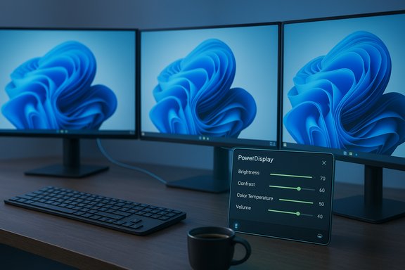 Three-monitor desk setup with a touchscreen panel displaying brightness, contrast, color temperature, and volume beside a coffee mug.