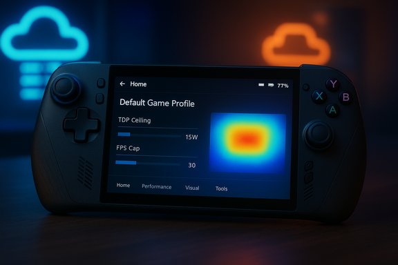 A handheld gaming console displays a Default Game Profile with TDP and FPS sliders beside a heatmap.
