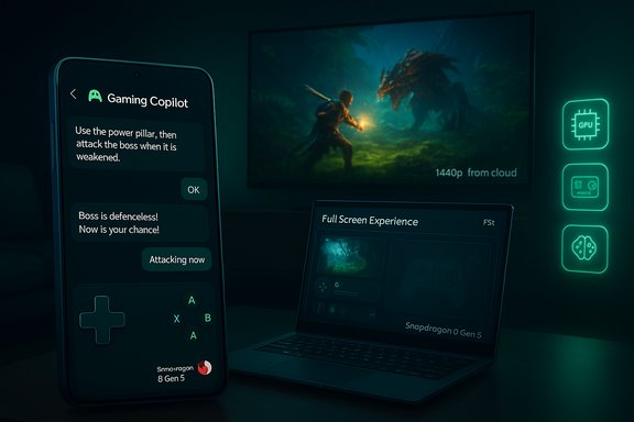 Futuristic gaming setup: a phone shows 'Gaming Copilot' guiding a boss fight, beside a laptop and cloud-streamed display.