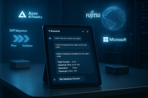 A tablet displays a chat assistant in a blue-lit data center with Azure, Microsoft, and Fujitsu logos.