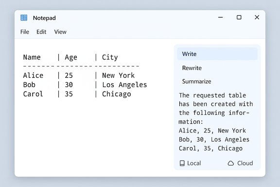 Notepad window showing a Name-Age-City table: Alice 25 New York; Bob 30 Los Angeles; Carol 35 Chicago.