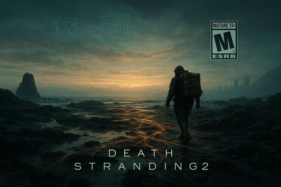 Death Stranding 2 promotional poster: a lone traveler on a rocky shore with glowing orange lines at sunset.