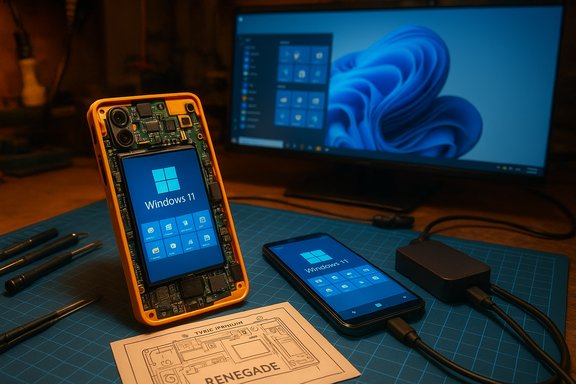 Open rugged orange device reveals its motherboard, running Windows 11, with a Windows 11 PC screen in the background.