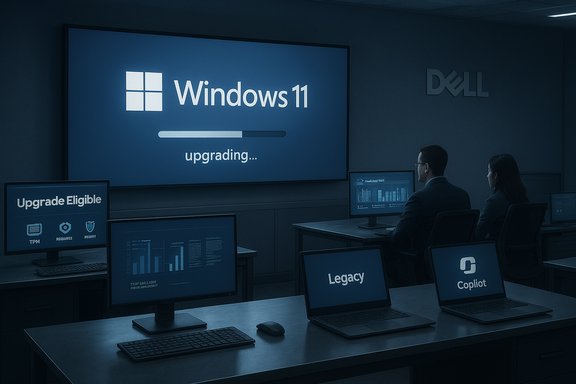 A Dell IT lab shows Windows 11 upgrade in progress on a large screen.