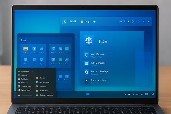 Laptop displaying the KDE Plasma desktop with a blue Start menu and app icons.