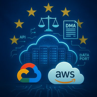 EU flag stars encircle a cloud data center with AWS and Google Cloud under DMA regulation.