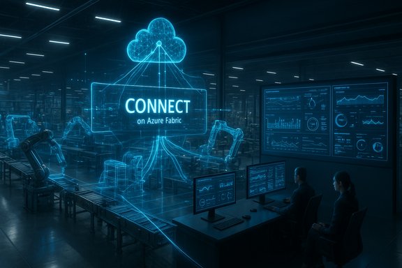 Blue holographic cloud labeled 'CONNECT on Azure Fabric' links factory robots to the cloud.