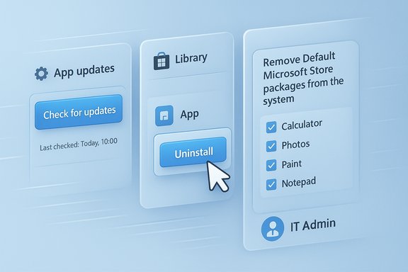 Isometric UI panels showing update, uninstall, and removing default Windows Store apps.