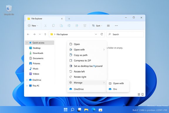 Windows 11 File Explorer on a blue wallpaper with a right-click context menu.