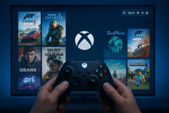 Hands grip an Xbox controller in front of a screen displaying a full Xbox game library.