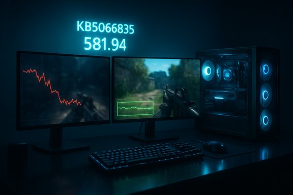 Blue-lit gaming setup with dual monitors, a glowing PC tower, and an FPS game on the center monitor.