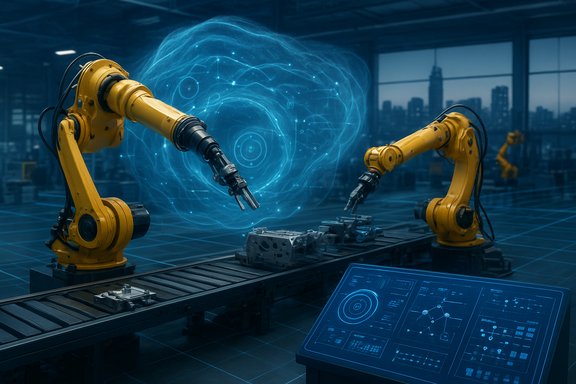 Two yellow industrial robots assemble on a conveyor, with a glowing blue holographic vortex between them.