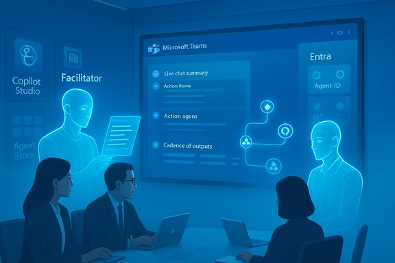 A team reviews a futuristic blue holographic Microsoft Teams dashboard in a conference room.