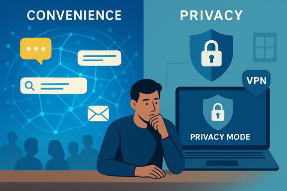 A person weighs privacy vs convenience with a left side of connectivity icons and a right side of privacy tools.