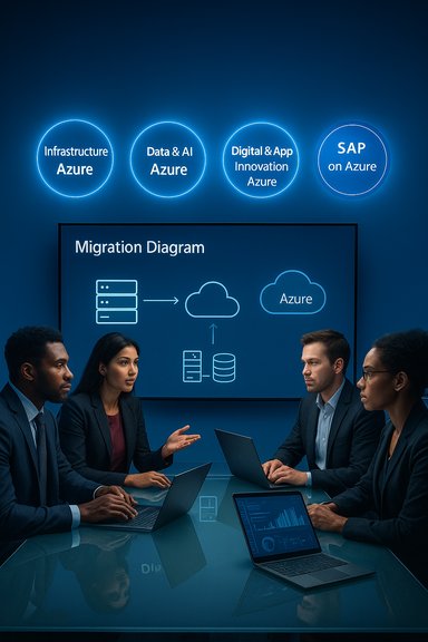 Business team discusses Azure cloud migration around a conference table with laptops.