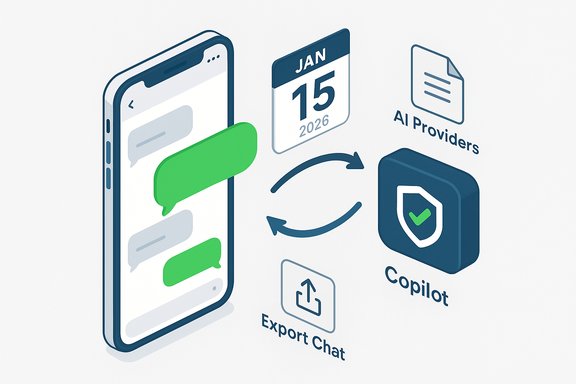 Isometric mobile chat connected to AI Copilot with export options and AI providers.