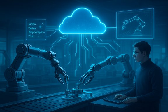 A technician oversees cloud-powered robotic arms on an automated assembly line.