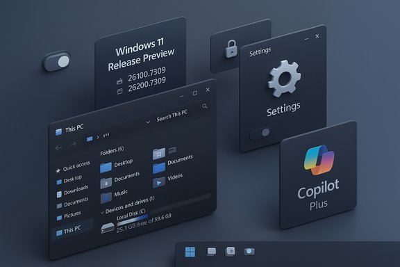 A 3D collage of Windows 11 UI elements, including Settings, File Explorer, and Copilot Plus.