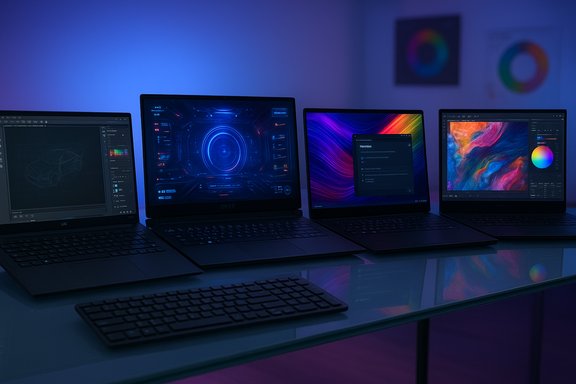 Four laptops glow with vibrant design software in a blue-lit workstation.