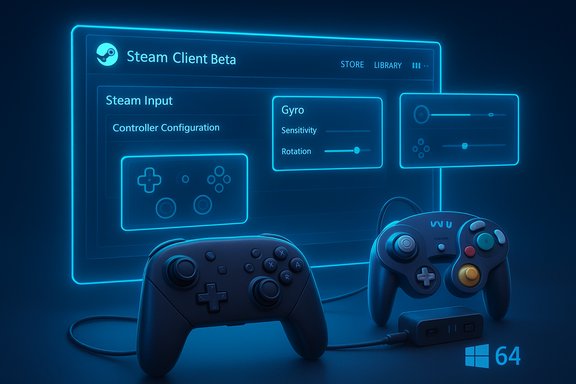 Neon blue Steam Client Beta interface projected with two game controllers and a Windows 64 logo.