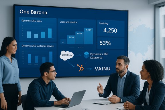 Team presents Dynamics 365 dashboards on a large blue display in a modern office.