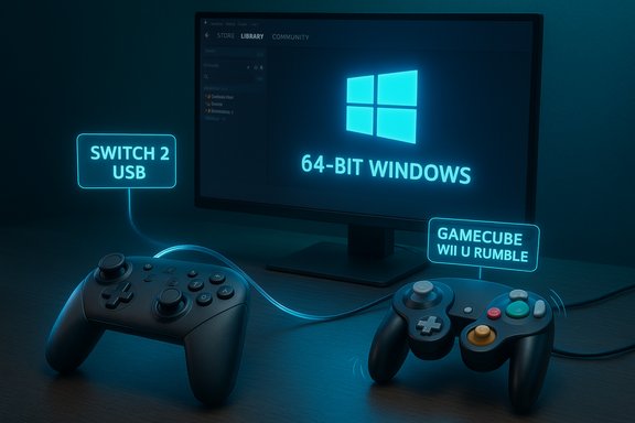 Neon-blue gaming setup with two wired controllers labeled Switch 2 USB and GameCube/Wii U, connected to Windows.