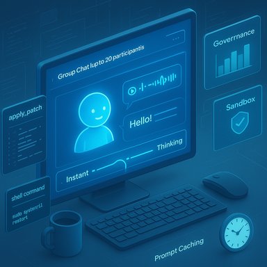 A blue, futuristic computer interface showing group chat, governance, and sandbox dashboards.