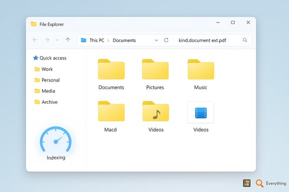 Windows-style File Explorer showing yellow folders (Documents, Pictures, Music, Videos) and an Indexing gauge.