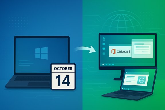 A Windows laptop on the left migrates to Office 365 on the right, symbolizing cloud migration.