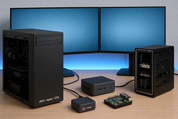 A tech desk with dual monitors and several computer components: a large desktop tower, a mini PC, and a Raspberry Pi board.