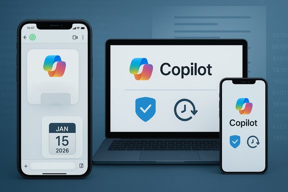 Copilot logo showcased across a laptop and two iPhones, highlighting cross-device branding.