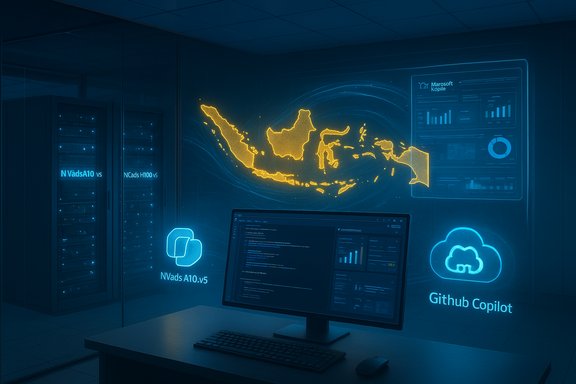 A futuristic data center with neon blue holograms, featuring Indonesia’s map and GitHub Copilot. A futuristic data center with neon blue holograms, featuring Indonesia’s map and GitHub Copilot.