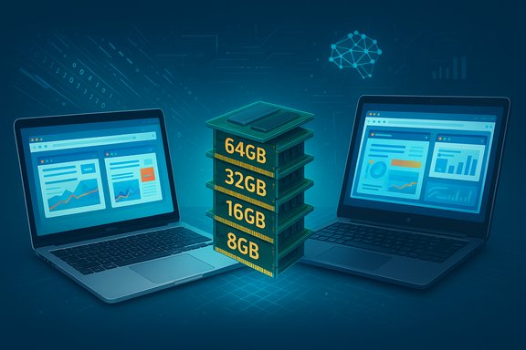 Two laptops flank a central RAM stack labeled 64GB, 32GB, 16GB, 8GB.