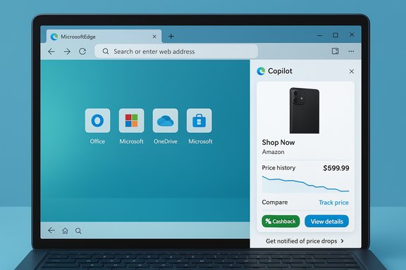 Laptop screen shows Microsoft Edge with a Copilot panel and a price-tracking card.