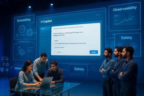 Engineers collaborate around a laptop as a large Copilot UI glows on a blue, futuristic screen.
