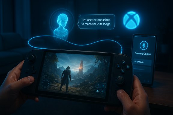 Gamer plays a fantasy RPG on a handheld console, guided by holographic tips and a Gaming Copilot on a phone.