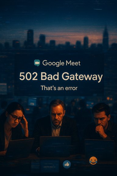 Three people look at laptops beneath a Google Meet sign reading 502 Bad Gateway error.