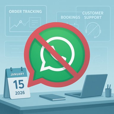 A large no-WhatsApp sign dominates a desk with a laptop and calendar.