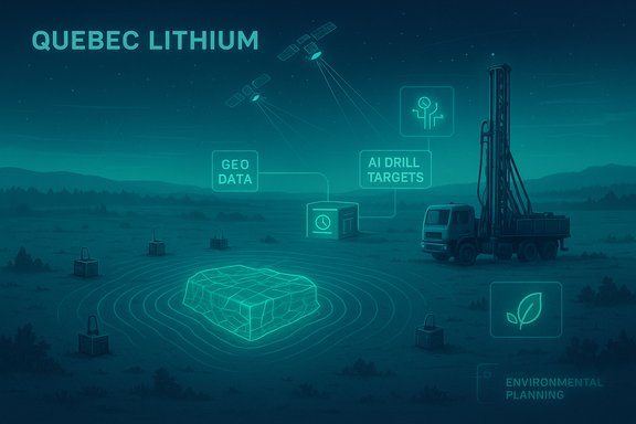 Quebec Lithium mining concept with AI-driven drill targets, geo data, and environmental planning.