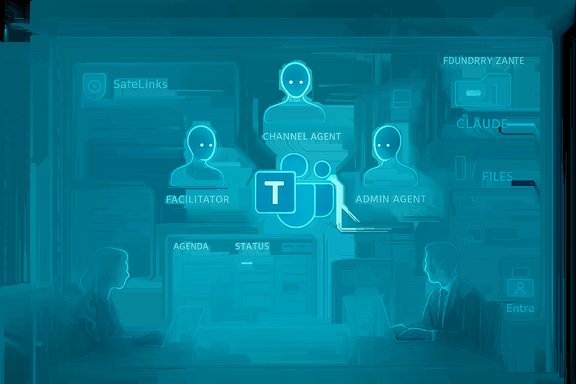 Blue neon holographic meeting scene with avatars around a central Teams-like logo.