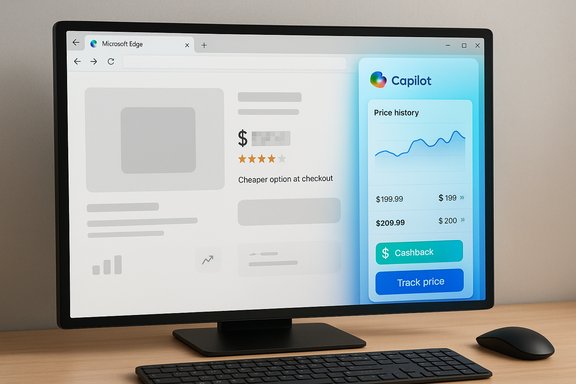 A computer monitor displays a webpage with a Capilot price-history panel on the right.