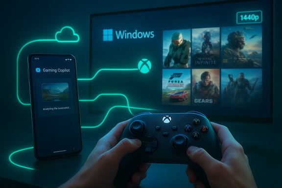 Gamer uses an Xbox controller with the Gaming Copilot app linking to Windows for game streaming.
