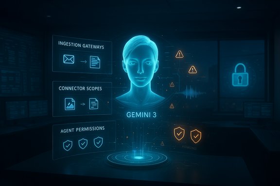 A futuristic holographic interface labeled Gemini 3 shows a user portrait with security panels and alerts.