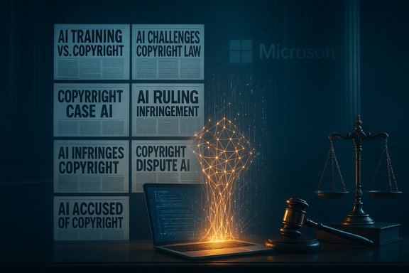 AI copyright headlines glow as a neural lattice rises from a laptop beside scales and a gavel. AI copyright headlines glow as a neural lattice rises from a laptop beside scales and a gavel.