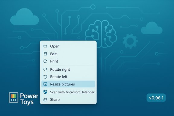 PowerToys context menu on a blue tech-themed background, highlighting 'Resize pictures' (v0.96.1).