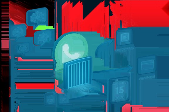 Neon infographic showing a WhatsApp chat bubble linking to a company app, web portal, and files.