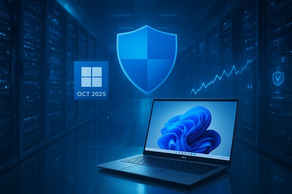 Blue-tinted data center scene with a laptop, shield icon, Windows tile, and rising chart.